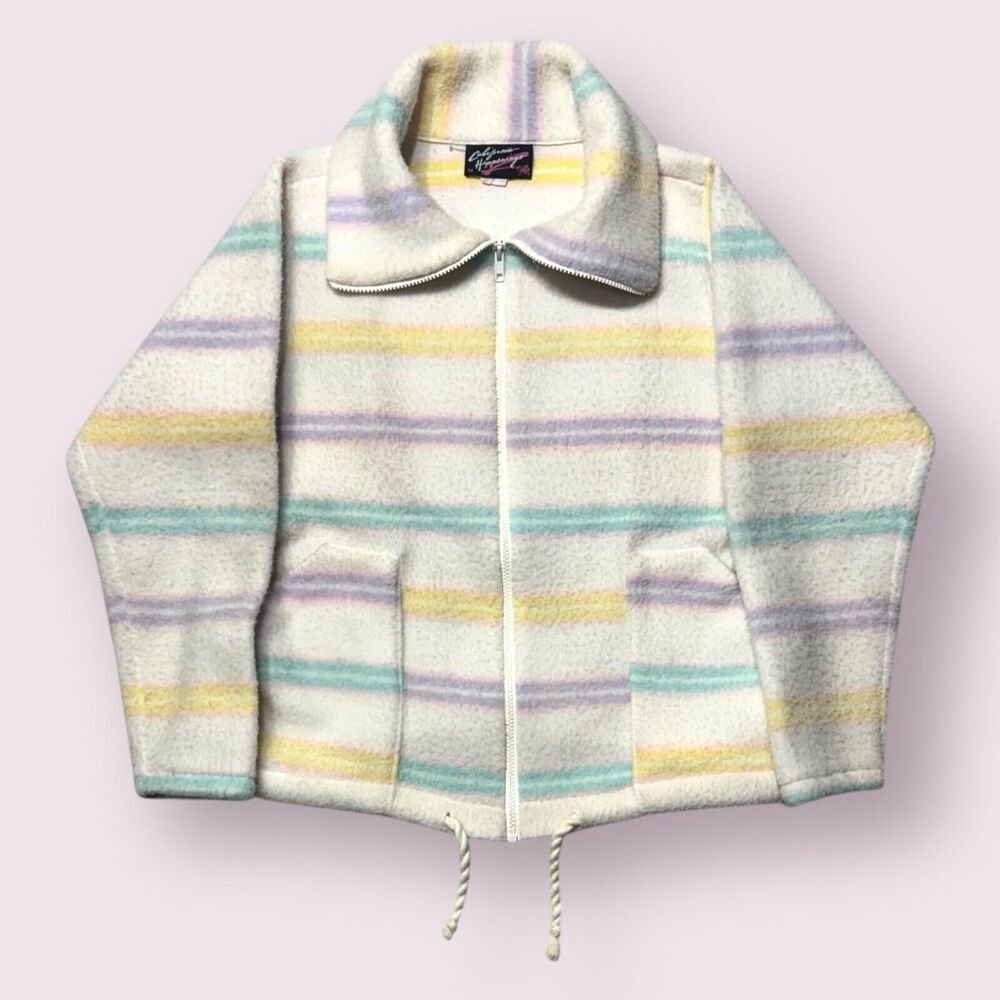 Vintage 90s Womens Pastel Striped Fleece Jacket Size M California Happenings USA